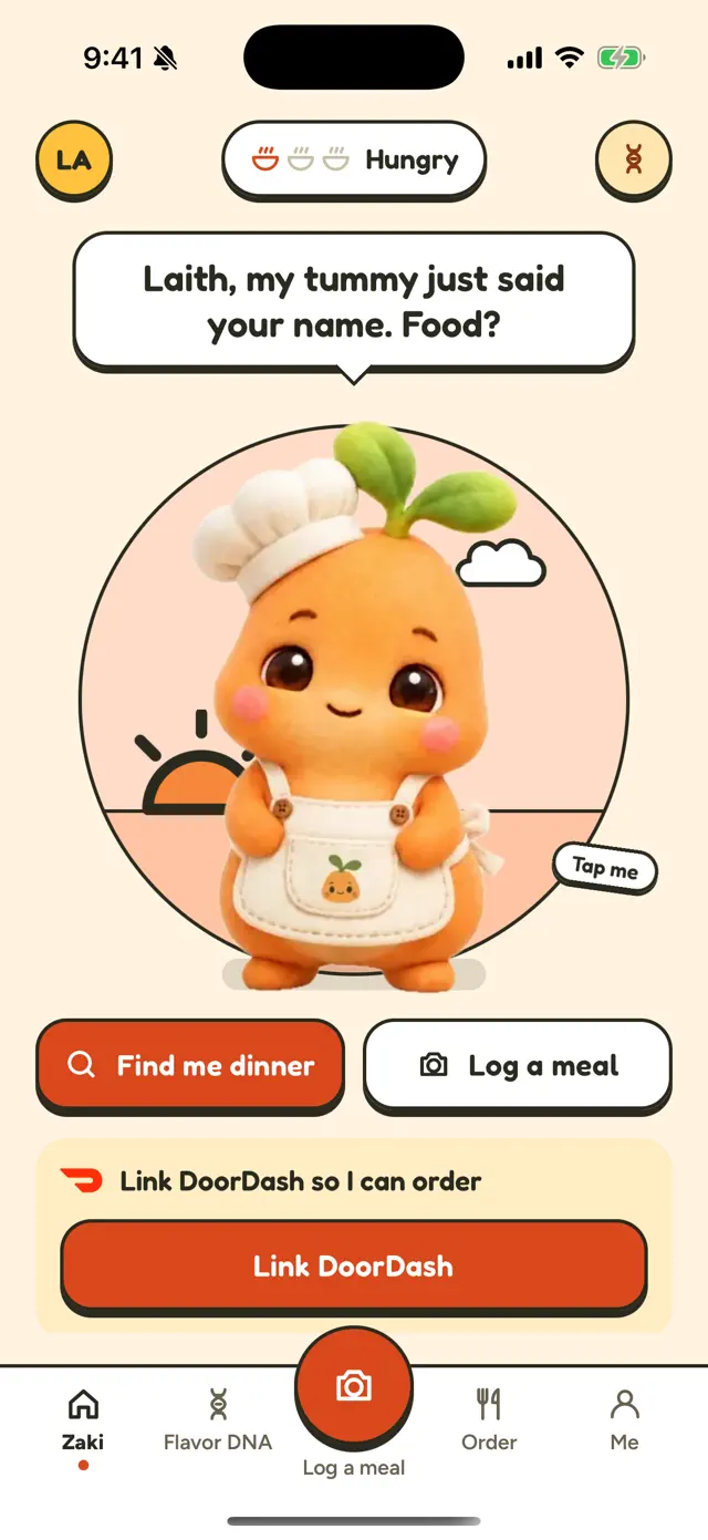 The real Zaki iPhone app: your food buddy, Find me dinner, Log a meal, and Flavor DNA.